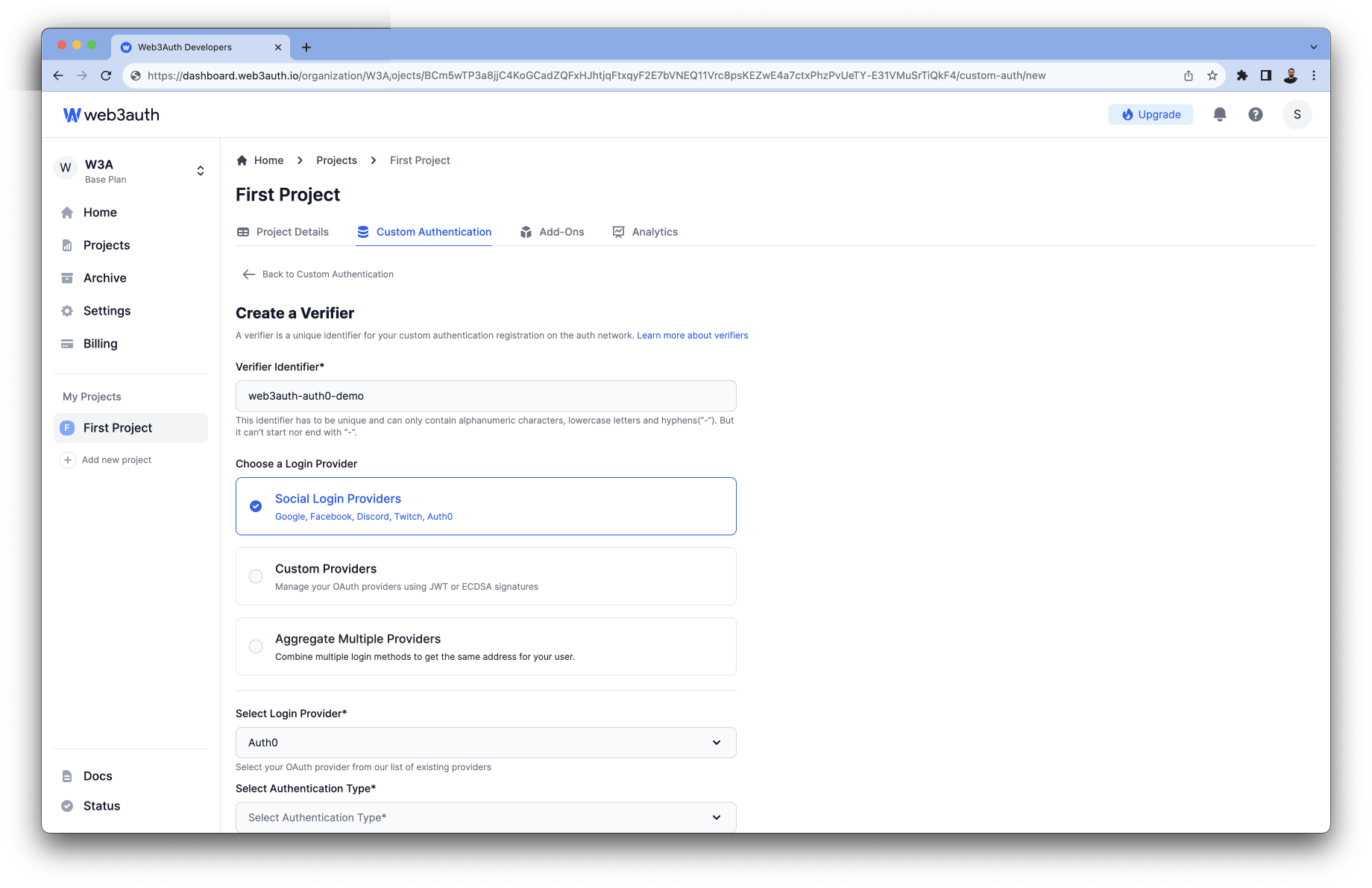 Twitter - Login Providers list on Web3Auth
Dashboard